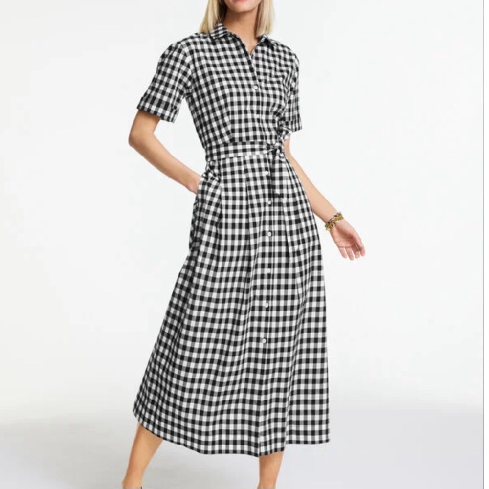 Talbots Black and White Gingham Button-Front Cotton Shirt Dress w/ self-tie belt